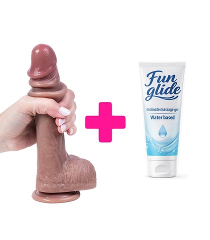 SILIKONSKI DILDO SA KOžICOM I REALISTIčNIM TESTISIMA 22CM + FUN GLIDE VAGINAL 100ML